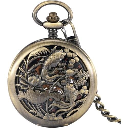 Hollow Out Fish Manual Mechanical Bronze Pocket Watch Women Rose Golden Romen Numerals Dial Mens Practical Clock Thick Pendant