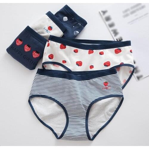 Panties Women Strawberry Print Breathable Briefs Girls Mid-Waist Hip Soft Panty Underpant Student Briefs 2021