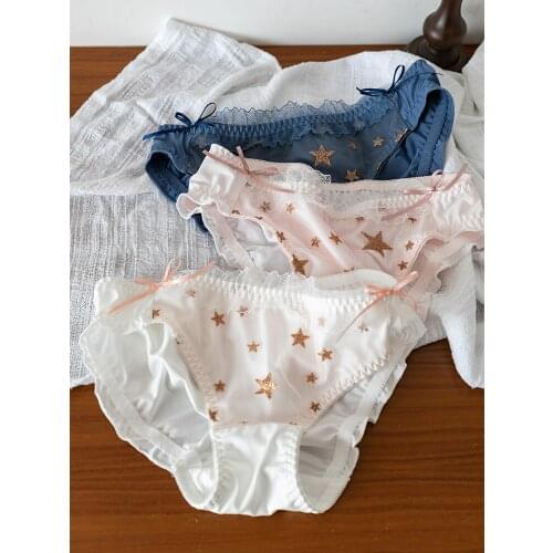Gold Stars Stamping Women Panties Milk Silk Underwear Cute Briefs Ruffles Bows Trim Cute Girls Intimates Lolita