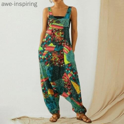 2021 Fashion Women Summer Harem Overall Jumpsuit Vintage Sleeveless Straps Trouser Bohemia Casual Rompers with Pockets Pants