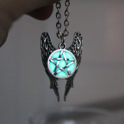 Antique Pentagram Pentacle Angel Wings Pendant Supernatural Necklace Women Jewelry Luminous Necklace GLOW in the DARK gift