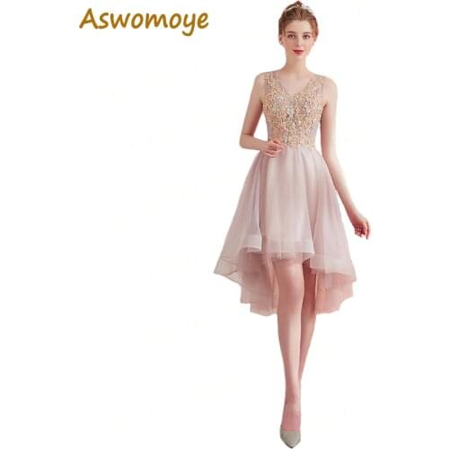 Aswomoye Short Front Long Back Pink Evening Dress 2018 Banquet Prom Dresses Appliques Beading Party Dress V-Neck robe de soiree