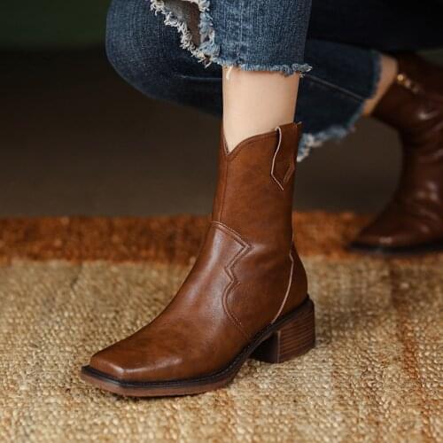 New Fall Shoes Women Genuine Leather Women Shoes 2021 Winter Women Boots Solid Western Boots Womens Designer Boots Chunky Boots