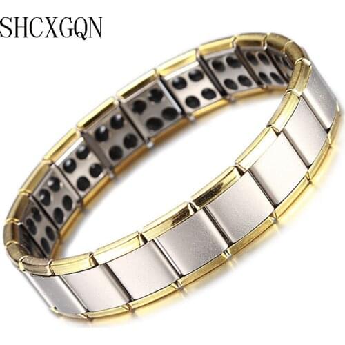 SHCXGQN Health Energy Magnetic Ion Germanium wide Bracelet Men Hombre Chain Link Stainless Steel Bracelet Bangle Women Men