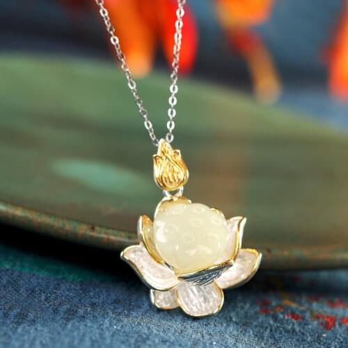Ethnic Style Hetian Jade S925 Sterling Silver Simple Lotus Leaf Elegant and Personalized Temperament Clavicle Chain Pendant Neck