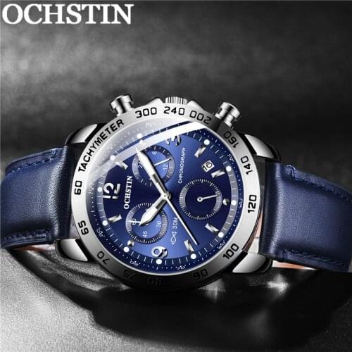 OCHSTIN Fashion Man WristWatch Chronograph Auto Date Sport Men Watch Military Top Brand Luxury Genuine Leather Male Clock 6123