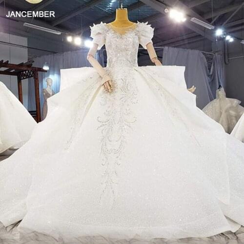 HTL2056 Luxurious Crystal Beading Sequined Wedding Dress 2021 For Woman Ball Gowns Short Sleeve Lace Up Back