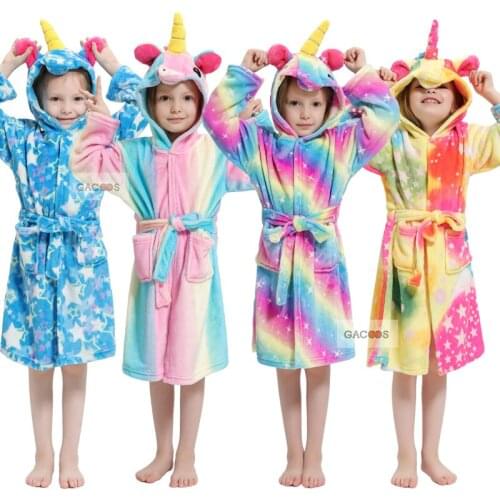 Kigurumi Children Unicorn Hooded Bathrobes Kids Rainbow Bath Robe Animal Nightgown For Boys Girls Pyjamas Kids Flannel Sleepwear