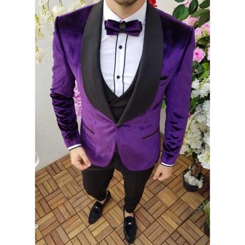 Handsome Purple Velvet Smoking Jacket Men Suits 3 Pieces Slim Fit Wedding Tuxedo Groom Prom Blazer Terno Masculino Costume Homme