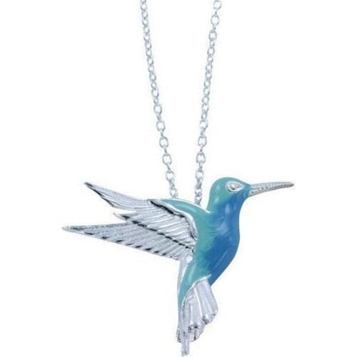 Tiny HUMMINGBIRD Necklace in Blue Enameled Hummingbird Jewelry Animals Blue Anniversary Womens Enamel Silvertone Necklace #JK39
