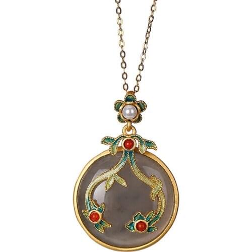 S925 sterling silver gold-plated cloisonne Hetian smoke mauve jade pendant vintage court style peace buckle pendant