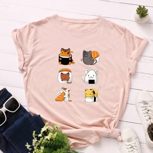 Summer Plus Size S-5XL Clothing Oversized T-shirt Cat Women 100%Cotton O Neck Short Sleeve Tees Pink Tops Women TShirt Funny
