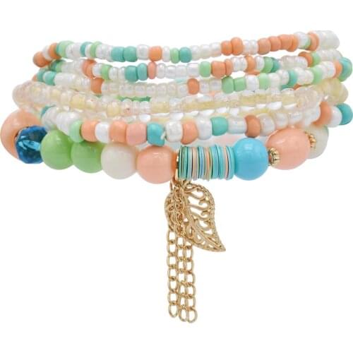 6 Pcs/Set Bohemian Multi-layer Beaded Bracelets Set For Women Gold Leaf Pendant Colorful Stone Elastic Bracelets Fashion Jewelry