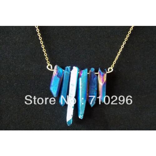 Blue Quartz stone Point Clear Quartz Point Aura Crystal Gold Necklace 5pcs/lot
