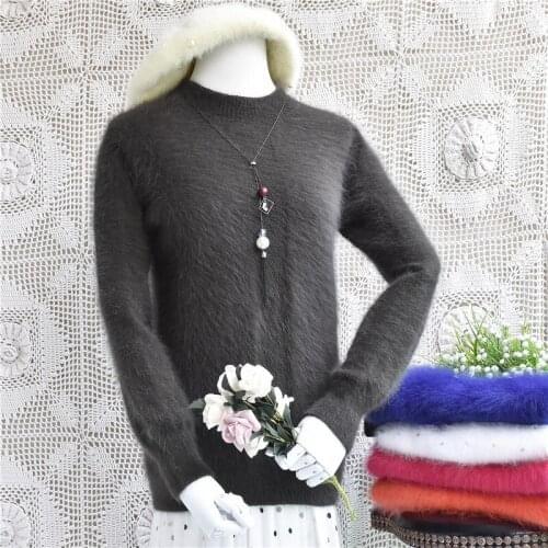 Causal winter womens rabbit hair Fleece Pullover middle neck long sleeve solid color bottoming Pullover slim ladies clothes