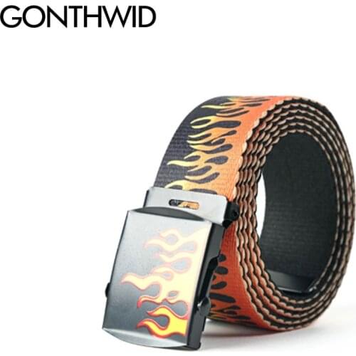 GONTHWID Fire Flame Print Canvas Belts Streetwear Men Women Hip Hop Casual Waist Belt Harajuku Fashion Military Waistband Street