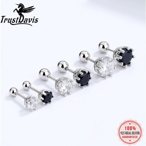 Trustdavis Real 925 Sterling Silver Fashion Black White CZ Beads Screw Stud Earring For Women Party Minimalist Jewelry DA2296