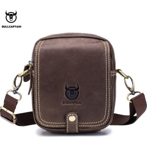 BULLCAPTAIN mens first layer leather shoulder bag mini small male leather crossbody bag casual multi-function shoulder bag