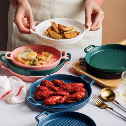 Breakfast Nordic Salad Plate Dish Vegetable Fruit Dinner Plates Home Baking Pan Stool with Handle Ceramic Microwave Oven
