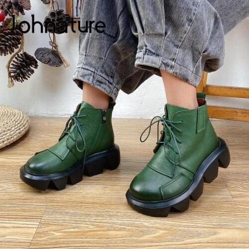 Johnature Genuine Leather Ankle Platform Boots Women Shoes 2021 New Autumn Winter Round Toe Zip Handmade Concise Ladies Boots