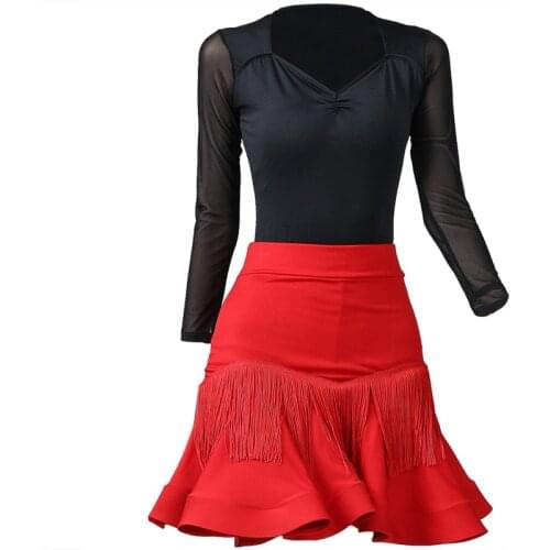 Adult Women Latin Tops and skirt Long Sleeved Jumpsuits Stage Clothing Ballroom Samba Cha Cha Dancing Practice Costum Dancewear