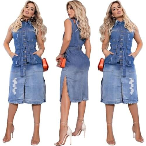Ripped Jeans Skater Dress Sexy Women Sleeveless Bodycon Blue Casual Denim Split Dress Vestidos