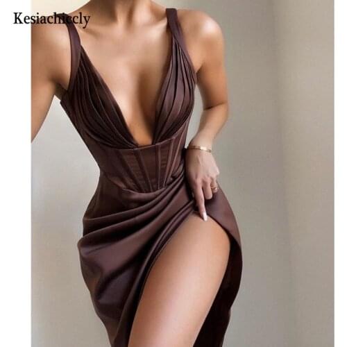 Kesiachiccly V Neck Night Club Bodycon Party Dresses Women Mini Summer Dress Vestidos Satin Spaghetti Strap Sexy Nightclub Dress