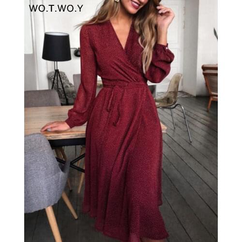 WOTWOY 2021 Bohemian Dot Print Dresses Women Summer Cross V-neck Sashes Mid-Calf Dress Lady Long Sleeve Button Dresses Female
