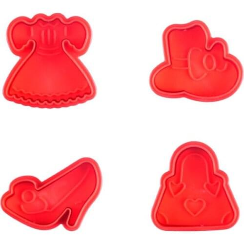 4 Set Evening Dress Shoes Bag Cookie Cutter Plastic Biscuit Knife Baking Fruit Cake Kitchen Tools Mold Embossing Printing