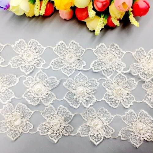 50x White Daffodil Flowers Pearl Lace Trim Embroidered Trimmings Wedding Dress Veil Childrens Clothing Applique Sewing Craft