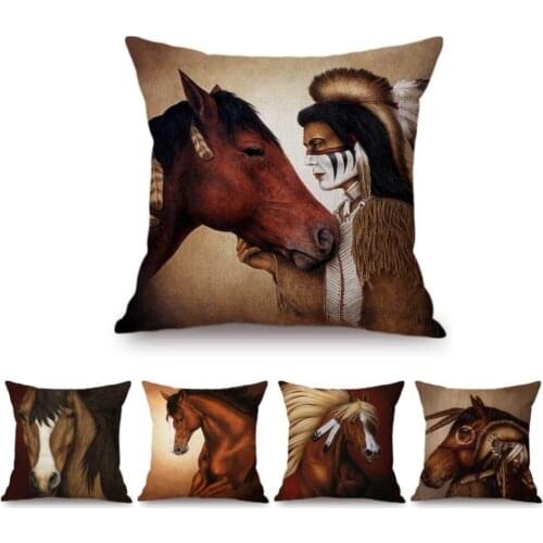 Oil Painting Warrior Horse Brown Black Horses Cushion Cover Cotton Linen Sofa Throw Pillow Case Home Decoration Art Car Pillow