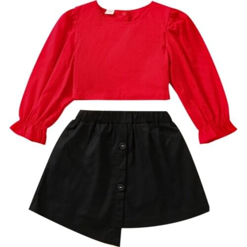 FOCUSNORM 1-6Y Fashion Kids Girls 2pcs Clothes Sets Solid Long Sleeve Pullover T Shirts Tops Elastic A-Line Skirts