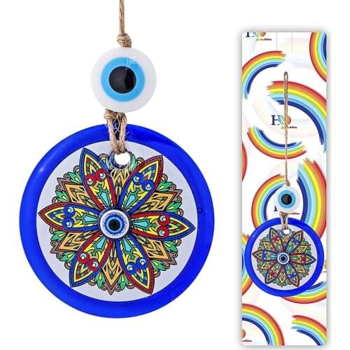 H&D Turkish Round Glass Blue Evil Eye Charm Hand-Painted Colorful Mandala Pendant Home Office Protection Wall Decor Amulet Gift