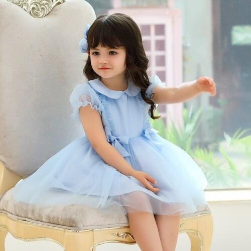 Summer Girls Princess Dress Kids Clothes Peter Pan Collar Short Sleeve Baby Birthday Party Dresses Children Costume 2 Color