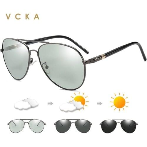 VCKA Polarized Sunglasses Men Metal Pilot Discoloration Classic Retro Brand Designer Vintage UV400 Night vision Sun Glasses