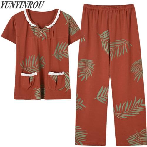 New Arrivals Cotton Floral Print Womens Pajama Sets Elegant Nightwear Women Pajamas Full-Length Pants Plus Size 4XL Sleepwear