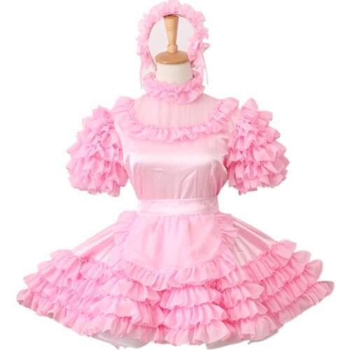 New Arrival Custom made Lockable Sissy Maid Satin Organza Pink Dress Cosplay Costume Puffy Style Halloween