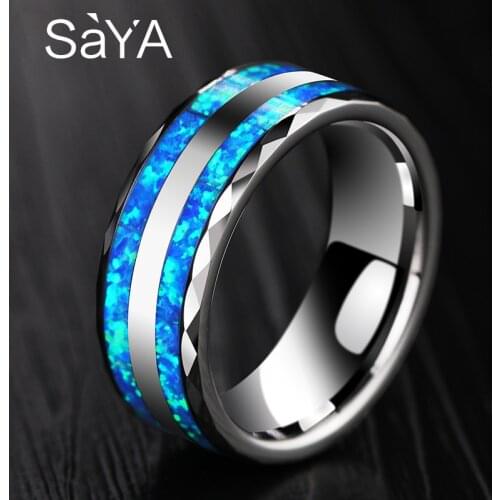 New Luxury Jewelry 8mm Width Tungsten Knuckle Ring for Wedding inlay Two Pcs Synthetic Blue Opal for Woman Man Comfort Fit 7-11