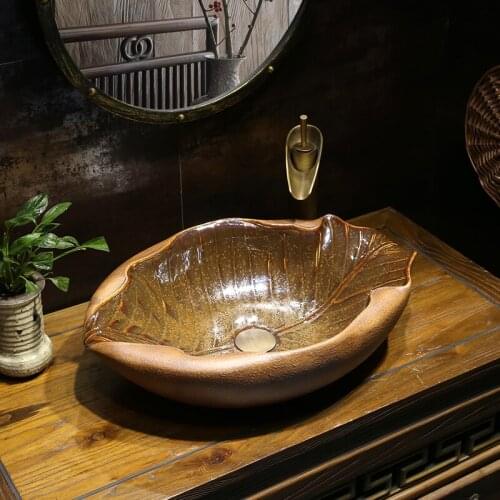 Oval leaf shaped Art Basin Creative Retro-ancient Ceramic Washbasin Chinese-style Antique ceramic wash basin bathroom sink