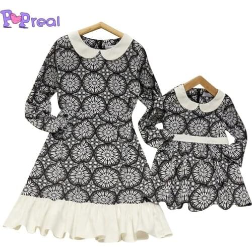PopReal Autumn Fashion Print Ruffle Patchwork Parent-Child Outfi Mom And Daughter Dress Mother Kids Family Matching Outfits