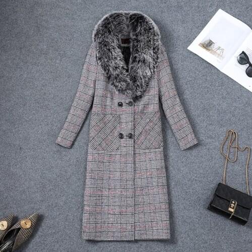 Plus size Women Big Fur Collar Woolen Coat Autumn Winter Fashion Grid Coat Female Jacket Lengthen Woolens Outerwear 2020 New