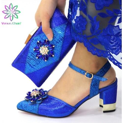 Blue Color Italian Design Italian Women Shoes Matching Bag for Wedding Dress High Quality Sandals with Shinning Crystal