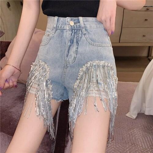 Ripped Jean Shiorts Women 2020 Summer New Studded Rhinestone Tassel Hole High Waist Wide-Leg Shorts Hot Pants Harajuku Nancylim