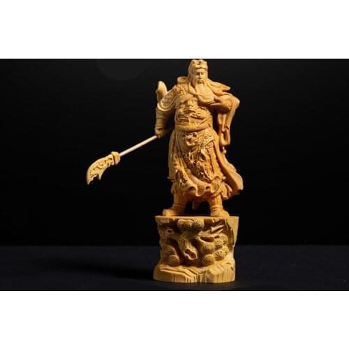 10cm 12cm Boxwood Carving Statues Fortuna Guan Gong Ornaments Wood Crafts Home Office Buddhist Decorations