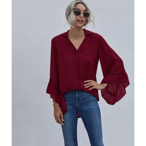 Women V Neck Blouse Ruffle Bell Sleeve Lotus Leaf Edge Buttoned Front Blouses Casual Loose Tunic Tops