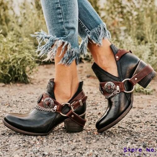 Women ankle boots chunky mid heels pumps chaussure vintage PU leather gladiator booties shoes woman zapatos mujer sapato HP2293