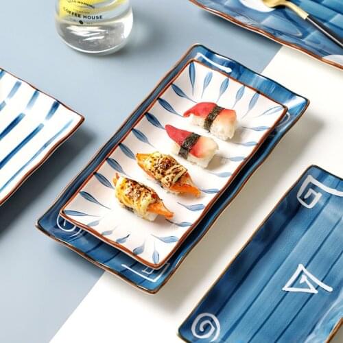 10Inch Vintage Japanese Ceramic Sushi Plate Rectangular Plates Dish Dessert Snack Plate Steamed Fish Plate Household Tableware