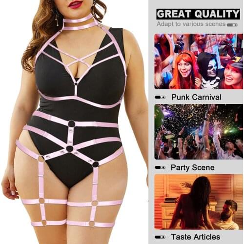 Harness For Busty Women Plus Size 2pc Cage Bra Sexy Lingerie Sets Pole Dance Rave Costume Accessories Adjust Waist Suspender
