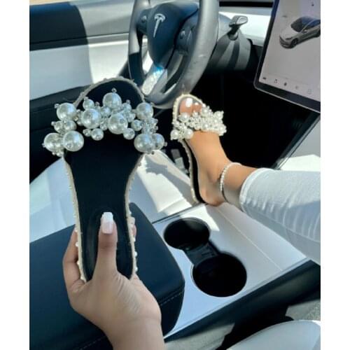 2021 Pearl PU Summer Slippers Flat Slides Diamond Bling Women Ladies Sandals Lightweight Plus Size Candy Color Outdoor Shoes