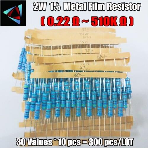 300pcs 0.22 ~510K Ohm 2W 1% 30Values*10pcs=300pcs Metal Film Resistor Assorted Kit